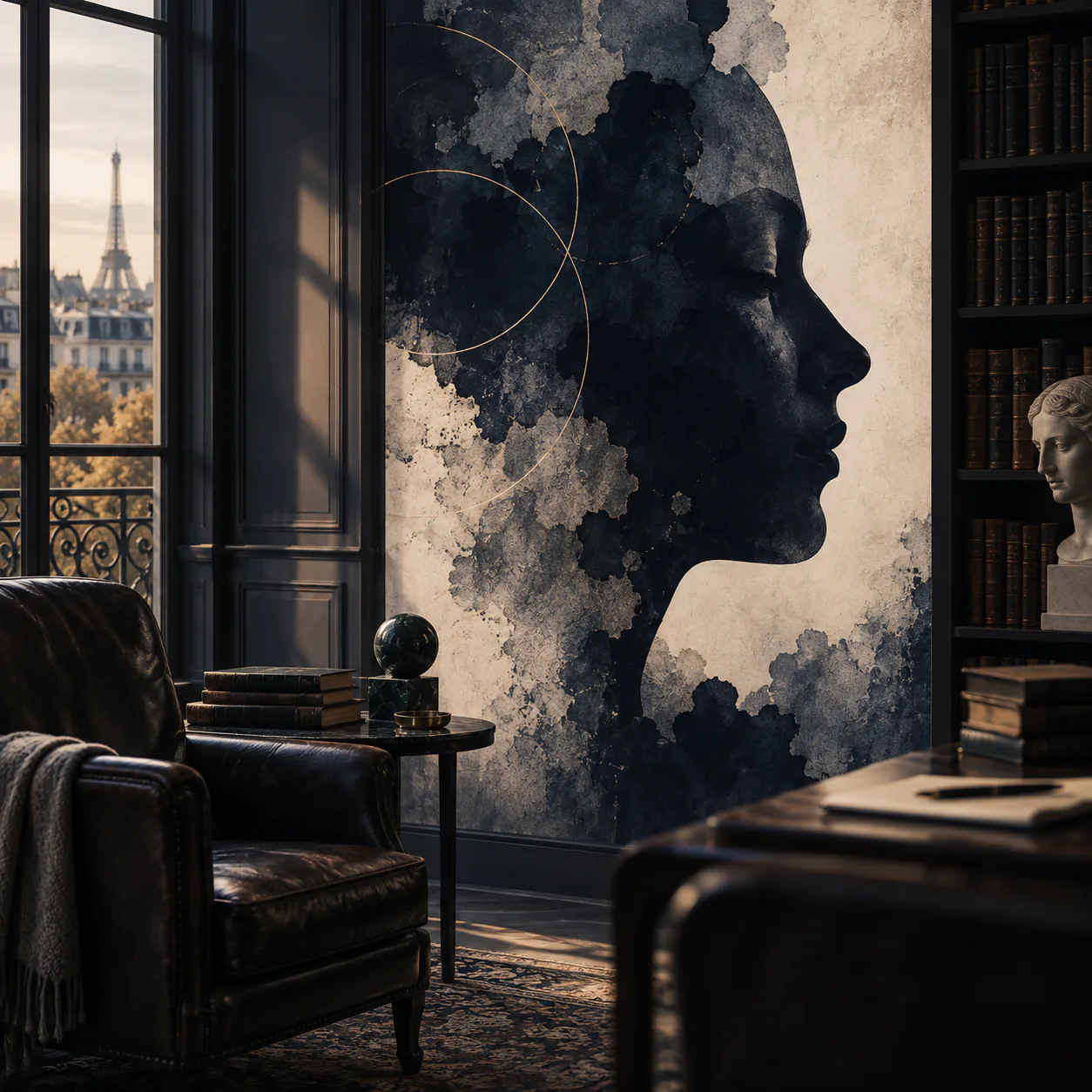 Illustration d’un profil abstrait dans un cabinet de travail parisien, avec la tour Eiffel à la fenêtre.