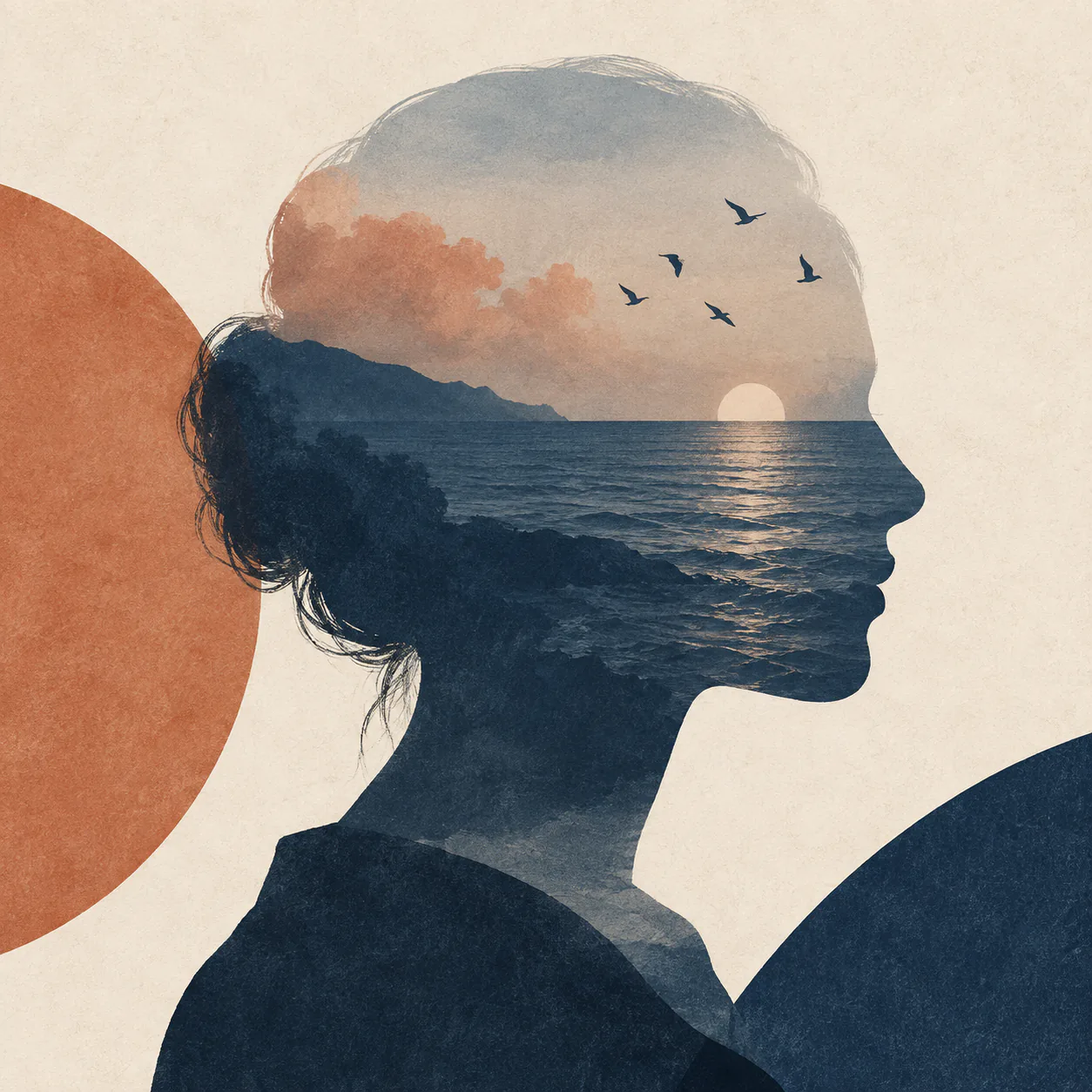 Illustration d’un profil féminin laissant apparaître une mer au coucher du soleil.