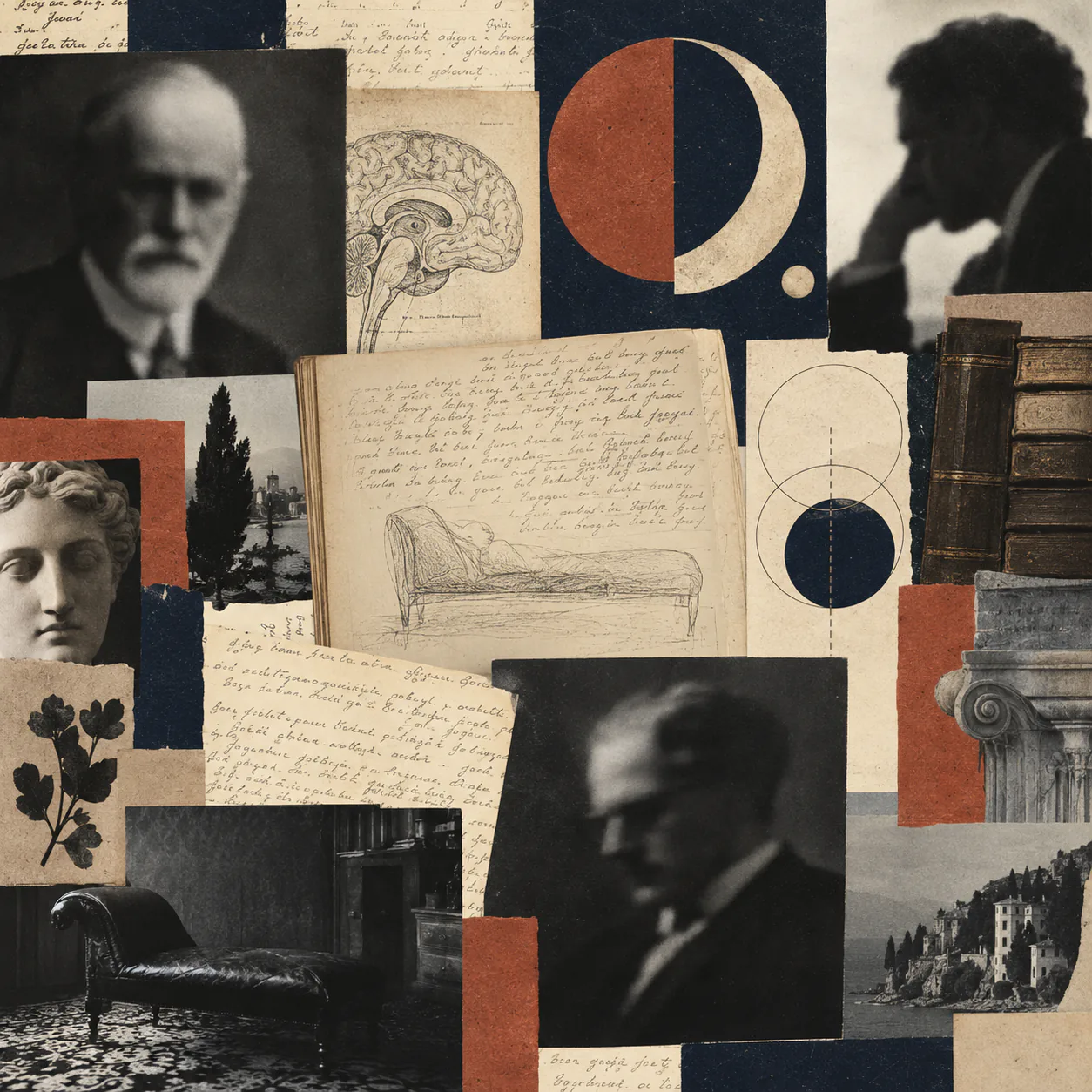 Collage illustré de portraits, manuscrits, livres et symboles autour de l’histoire de la psychanalyse.