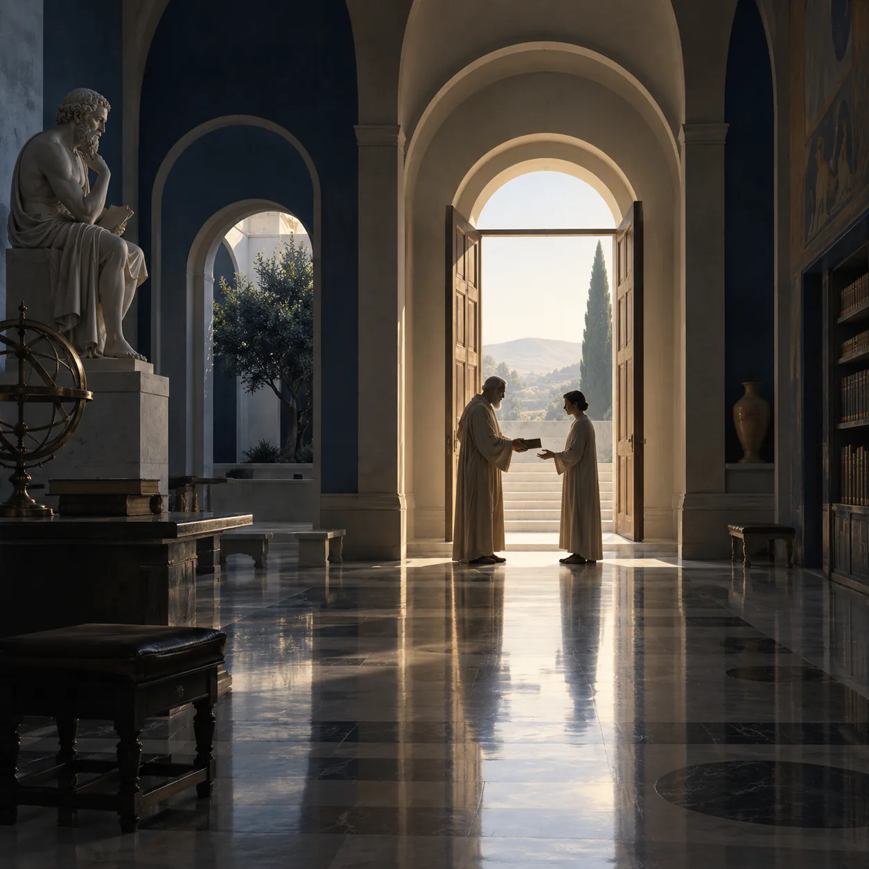 Illustration de deux personnes échangeant un livre dans une bibliothèque aux arches monumentales.