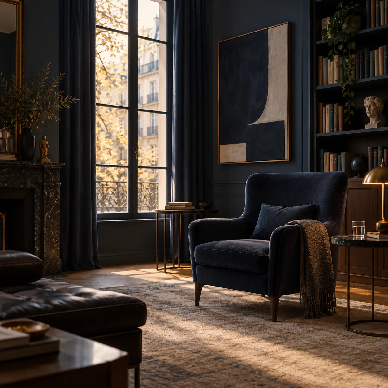 Illustration d’un fauteuil dans un cabinet sombre et lumineux, entouré de livres.