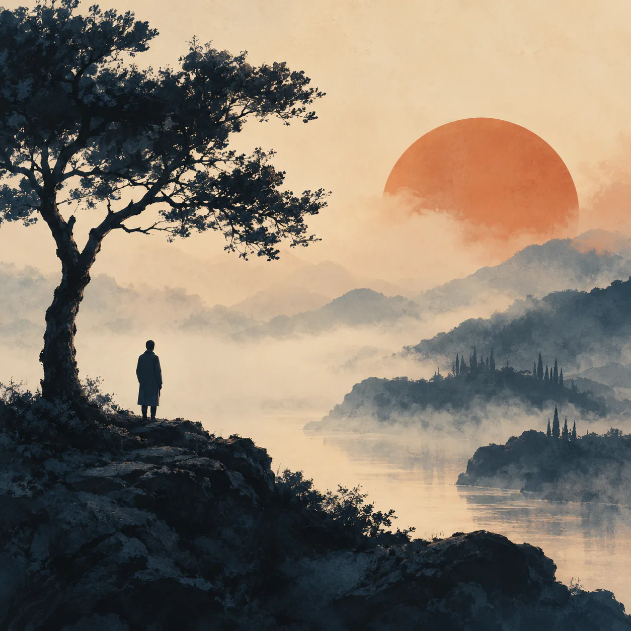 Illustration d’une personne contemplant un paysage montagneux sous un grand soleil.
